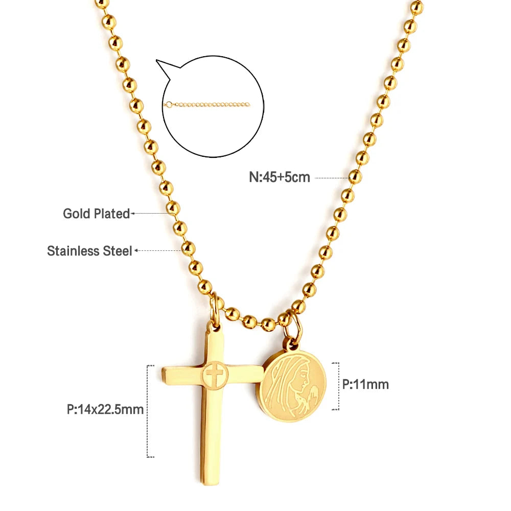 LUXUKISSKIDS Catholic Rosaries Beaded Prayer Cross Pendant Necklace Rosary Prayer Long Stainless Steel Necklaces Collier Jewelry