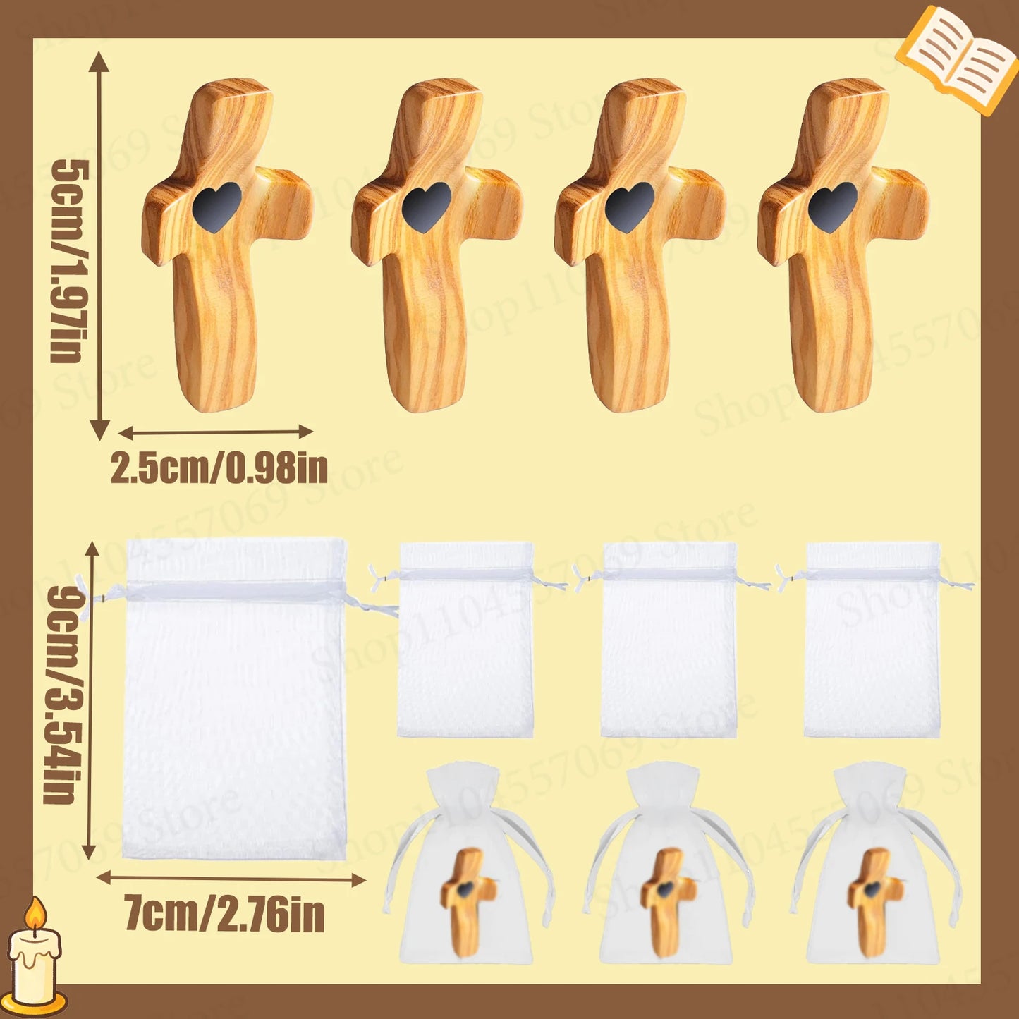 20-100Pcs Wooden Cross Fidget with Organza Bags Prayer Cross for Hand Handmade Pocket Wood Crosses Christian Encouragement Gift