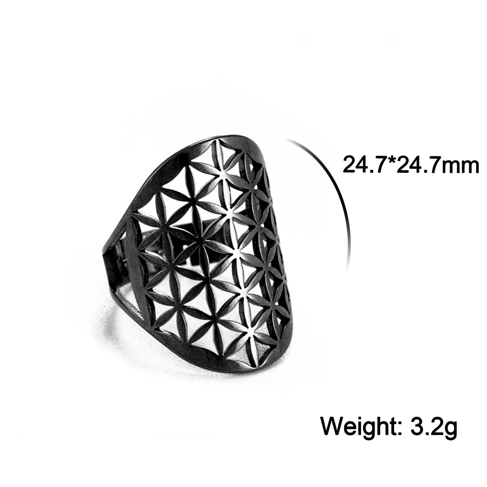 Unift Sacred Geometry Flower of Life Ring Adjustable Stainless Steel Ring Men Women Accessories Vintage Filigree Jewelry Gifts