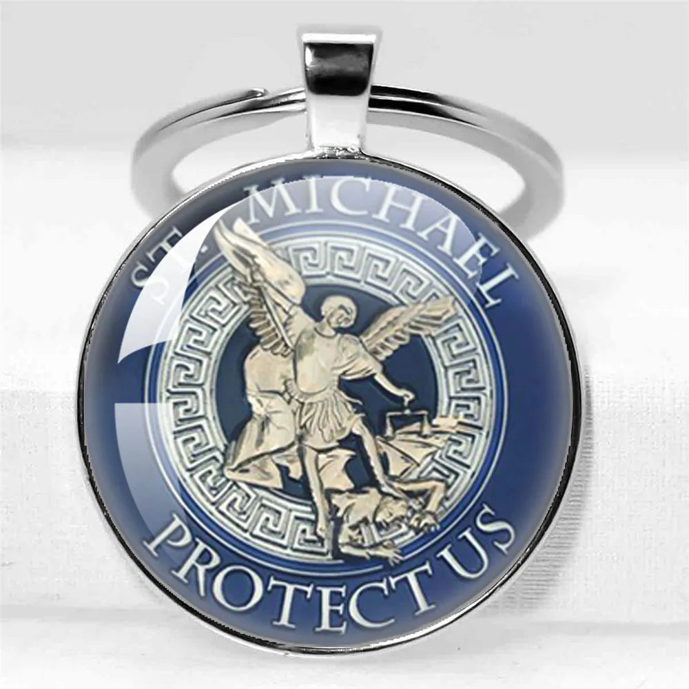 25mm/30MM Archangel Saint Michael Protect Me Holy Shield Angel Protection Glass Pendant Christian Keychains Jewelry Gift