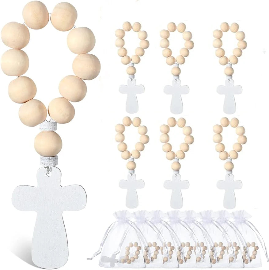 6/12/18PCS Wooden Rosary Wood Bulk Catholic with Crucifix Wooden Cross Pendant with White Mesh Bags for Baptism First Communion