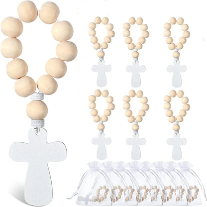 6/12/18PCS Wooden Rosary Wood Bulk Catholic with Crucifix Wooden Cross Pendant with White Mesh Bags for Baptism First Communion
