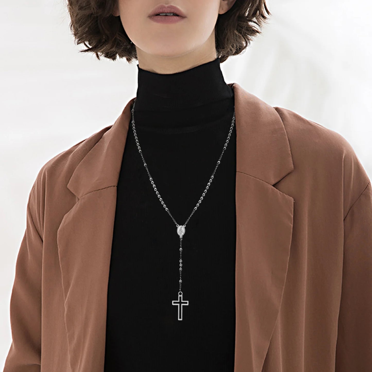 Women Cross Rosary Necklace, Maria with Cross Pendant, Black Gold Color Stainless Steel Christ Jesus Prayer Church Jewelry