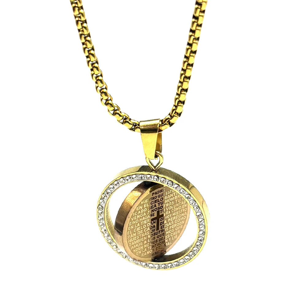 The Lord's Prayer God Jesus Cross Bible Spainsh Verse Necklace for Women Men Stainless Steel Crystals Chain Rotatable Jewelry