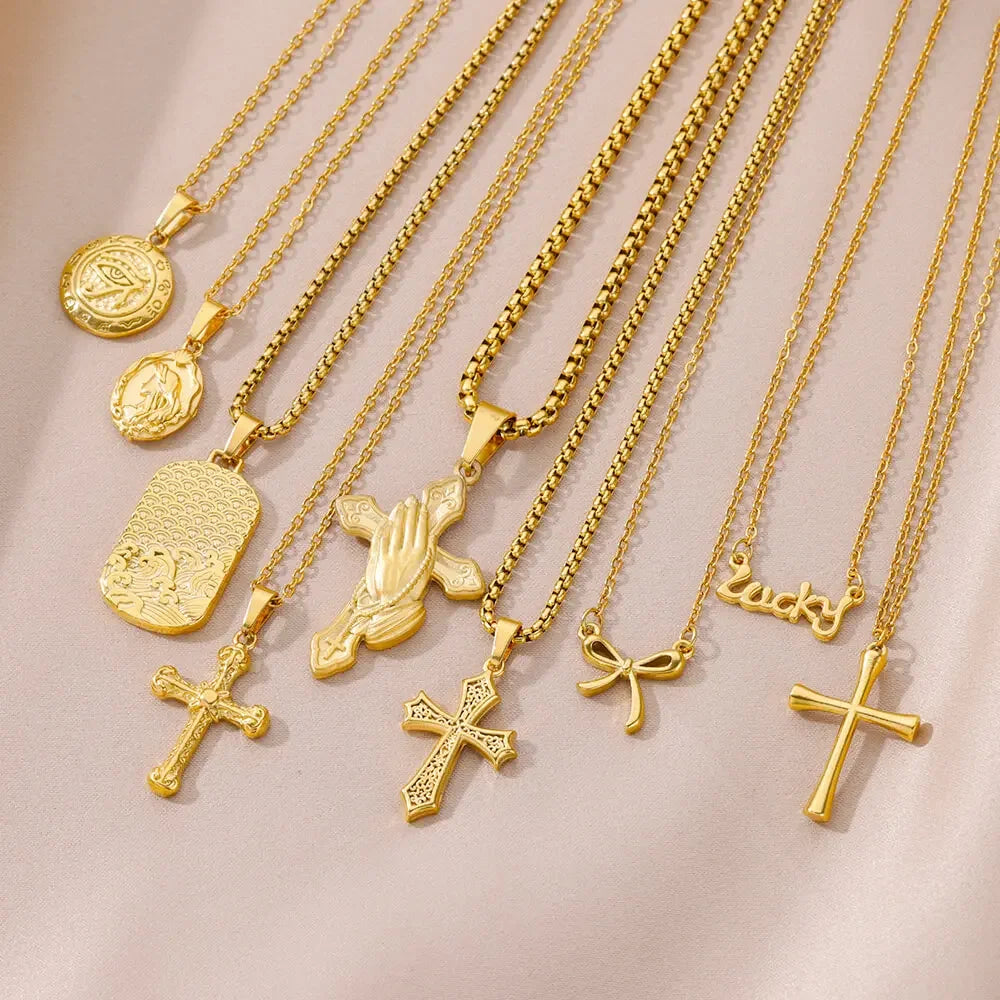 Gold Color Lucky Pendant Necklace For Women Stainless Steel Jewelry Aesthetic Accessorie Charm Choker Cross Goddess Necklaces