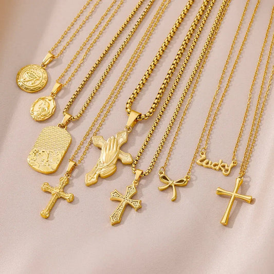 Gold Color Lucky Pendant Necklace For Women Stainless Steel Jewelry Aesthetic Accessorie Charm Choker Cross Goddess Necklaces