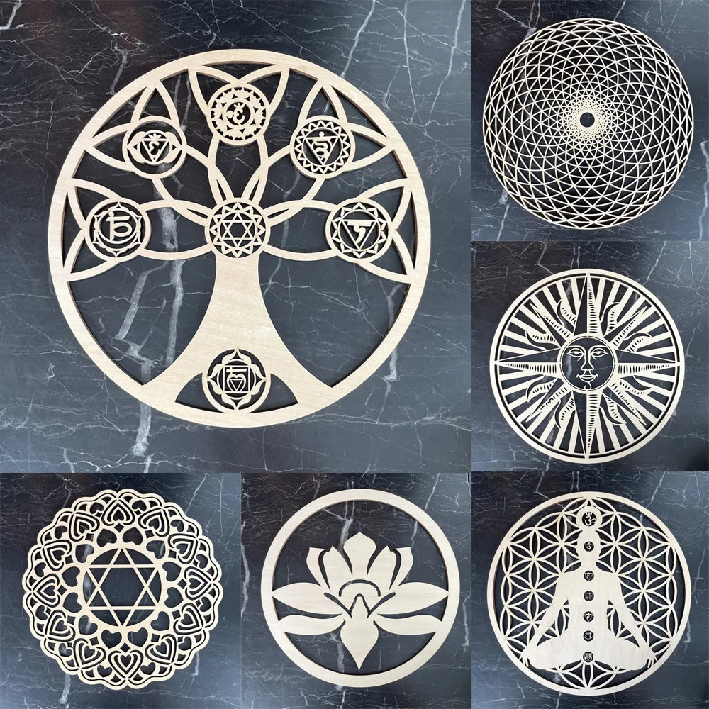Wooden Flower Of Life Natural Symbol Sacred Geometry Ornaments Home Decoration Chakra Carved Coaster Wood Sign Wall Kitchen DIY