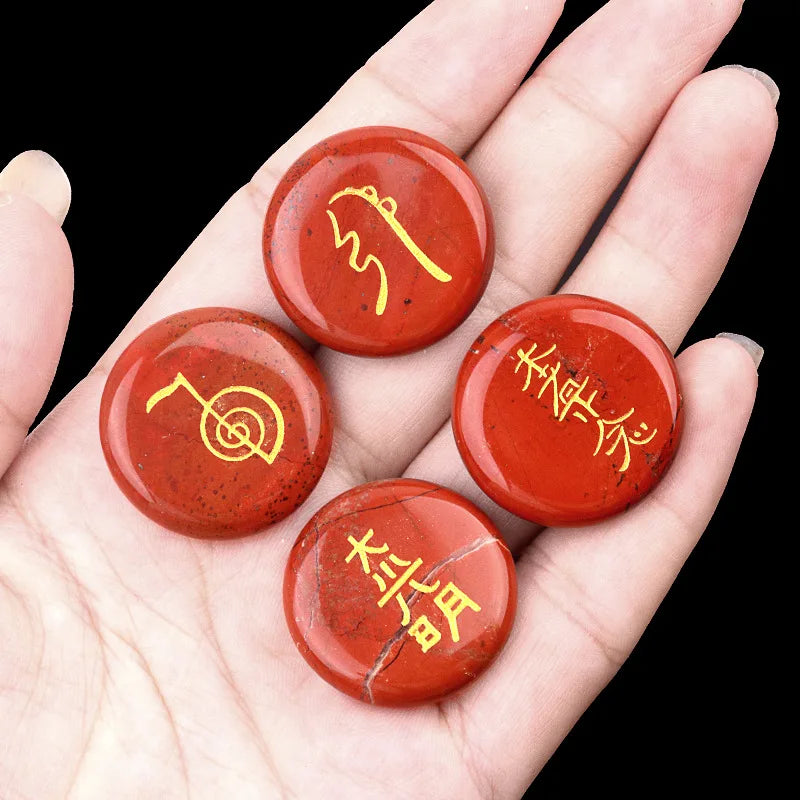 4Pcs Natural Lapis Lazuli Stones Engraved Chakra Symbols Polished Palm Stones for Reiki Crystal Healing Balancing