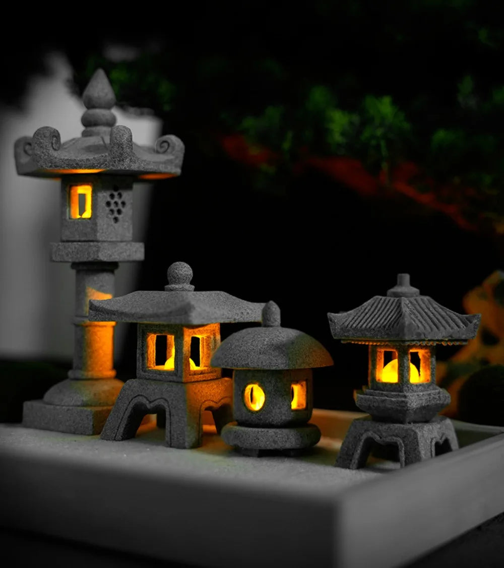 New Mini Pagoda Lantern Light Garden Statue Decorative Sand Stone Micro Landscape Lamp Zen Yard Miniature Bonsai