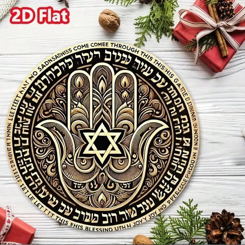 2D Flat Hamsa Hand Star of David Round Metal Tin Sign - Hebrew Blessing Themed Wall Decor, Spiritual Jewish Art for Home, Medita