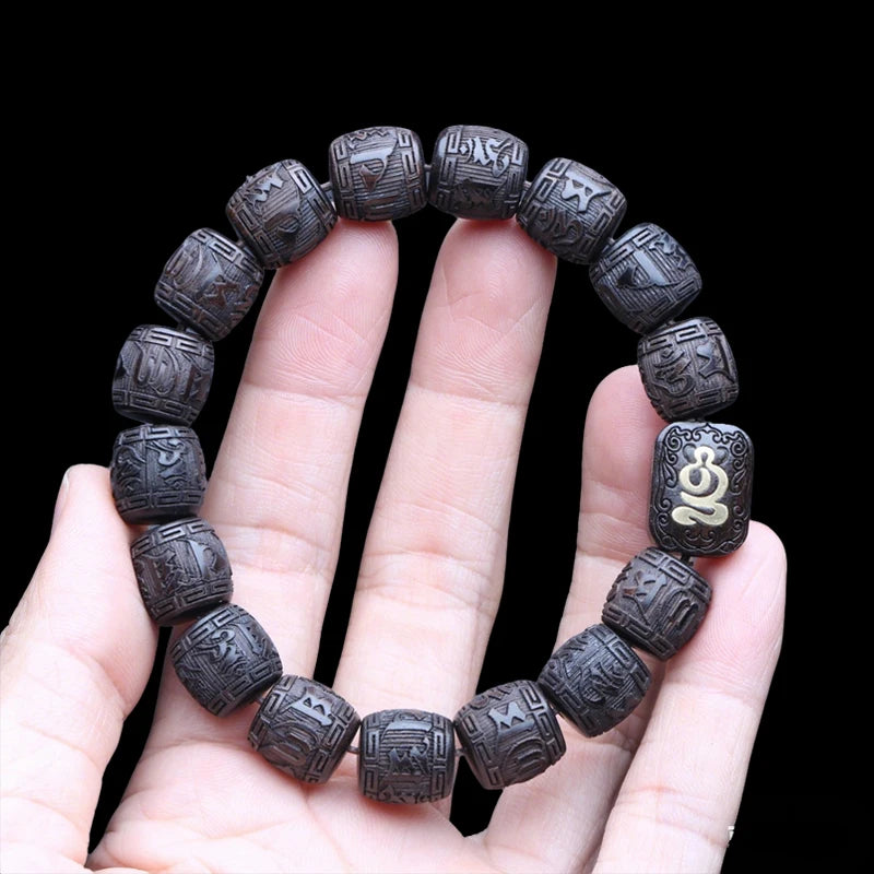 Authentic Natural Ebony Tibetan Six-Character Mantra Tibetan Prayer Wheel Bracelet 15mm Unisex Bracelet