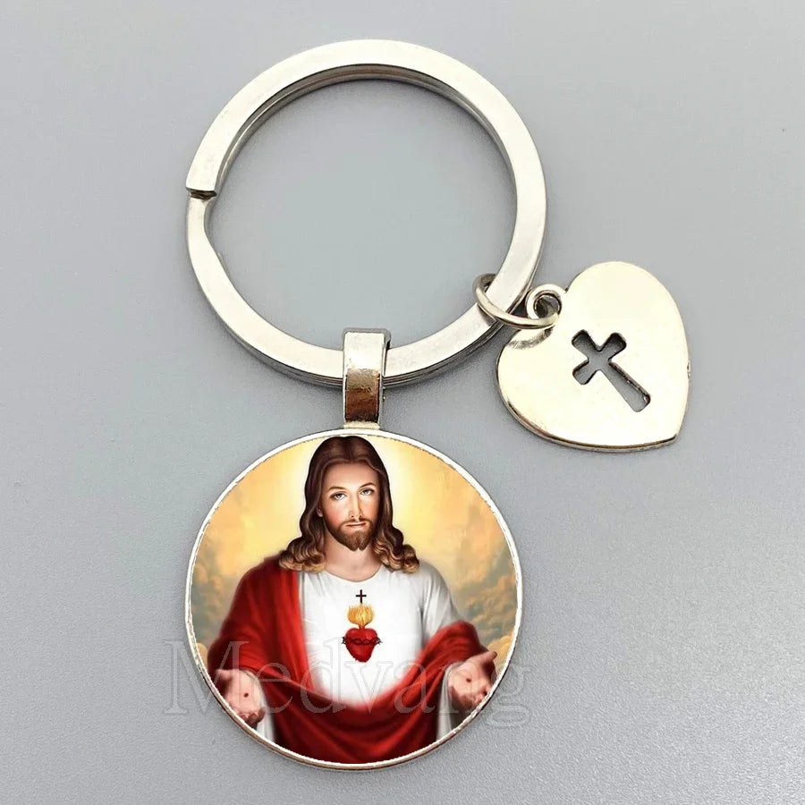 Jesus Sacred Heart Keychain Virgin Mary Glass Dome Key chain Catholic Men's and Women's Jewelry Gifts