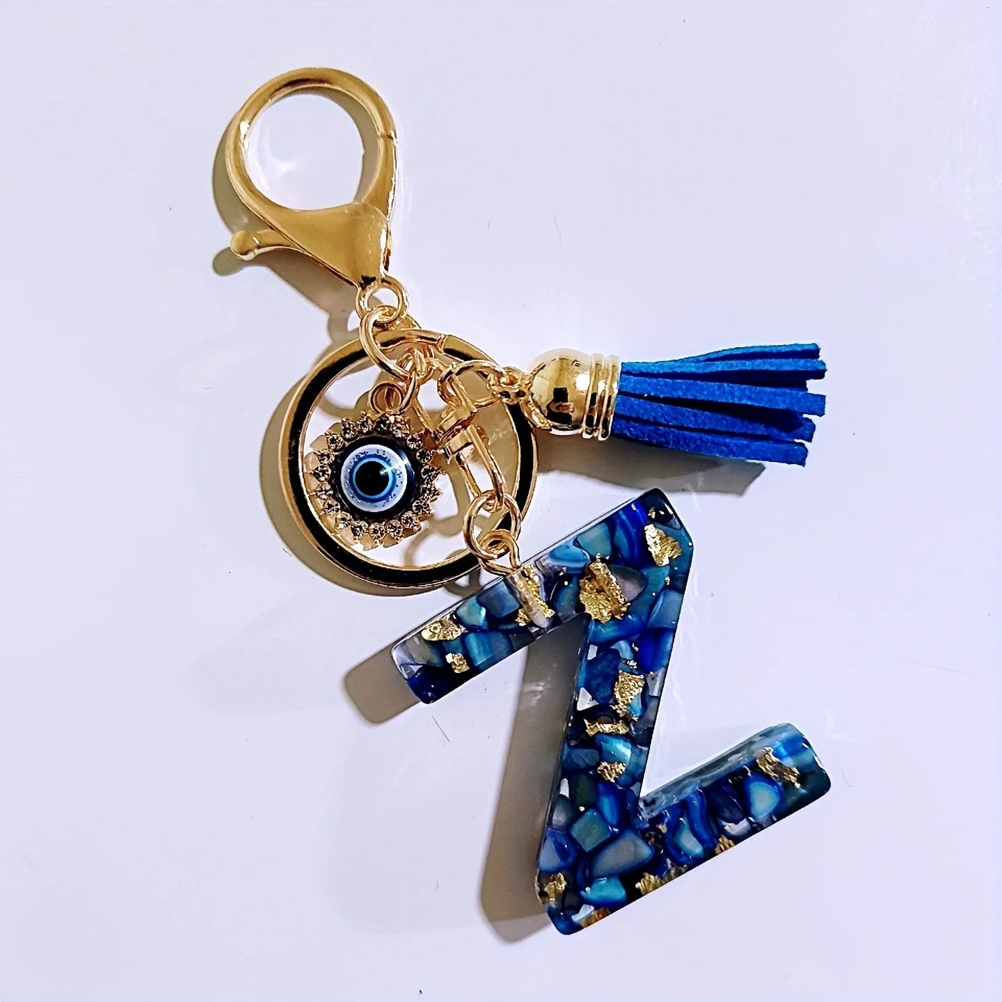 Blue Resin Initial Keychain - Evil Eye Letter Charm with Rhinestones & Tassel, Stylish Gift for Women, Lobster Clasp Accessory