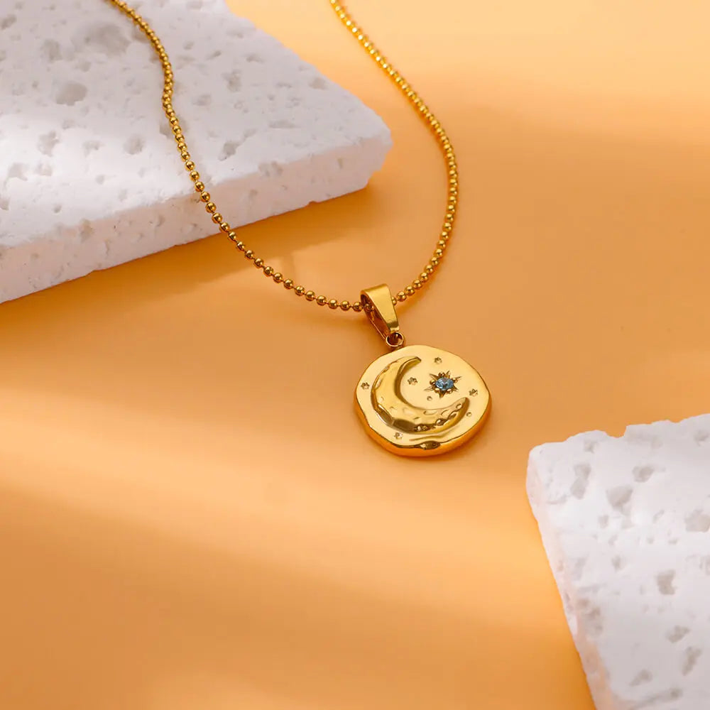 Blue Zircon Star Moon Necklaces for Women Stainless Steel Gold Color Chain Collar Wedding Necklace Jewelry Accessories Gift BFF