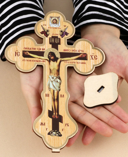 Wooden Jesus on Cross Stand Decoration Christian Crucifix Jesus Christ Crosses Icon Ornament Church Desktop Display Crafts Gift