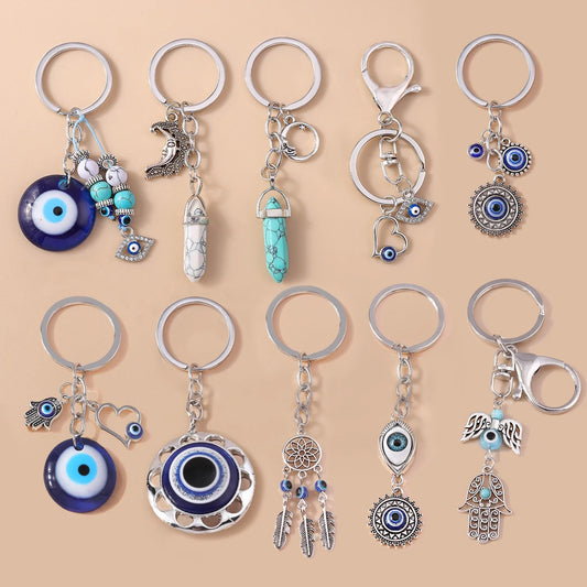 Aihua Lucky Eye Alloy Fatima Hand Keychain Heart Glass Bead Blue Turkish Evil Eye Key Chain Car Keyring for Women Men Jewelry