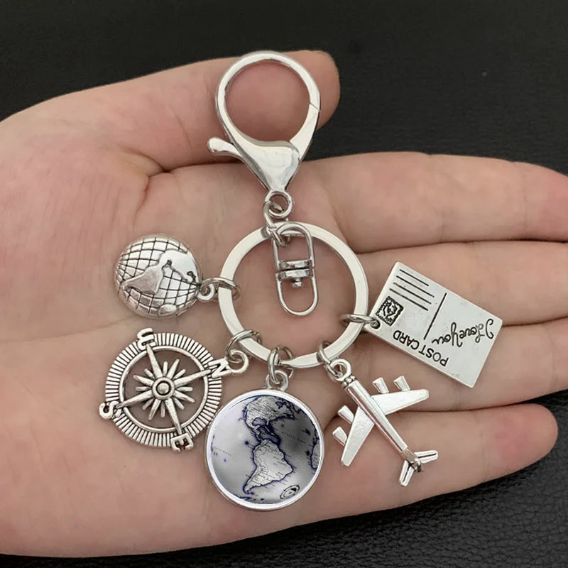 New ideas Earth plane keychain pendant earth compass personality memorial key ring gift for travel lovers