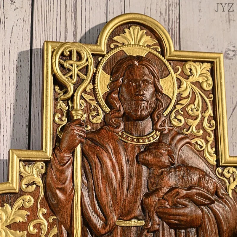 High Quality Wood Carving Jesus Shepherd Icon Sculpture Plaque Catholic Home Living Wall Decor