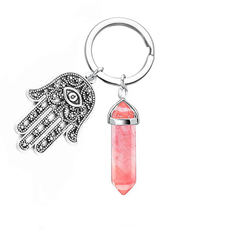1Pc Natural Stone Crystal Points Keychain with Hamsa Hand Evil Eye Charms Reiki Energy Good Luck Amulet for DIY Jewelry Making