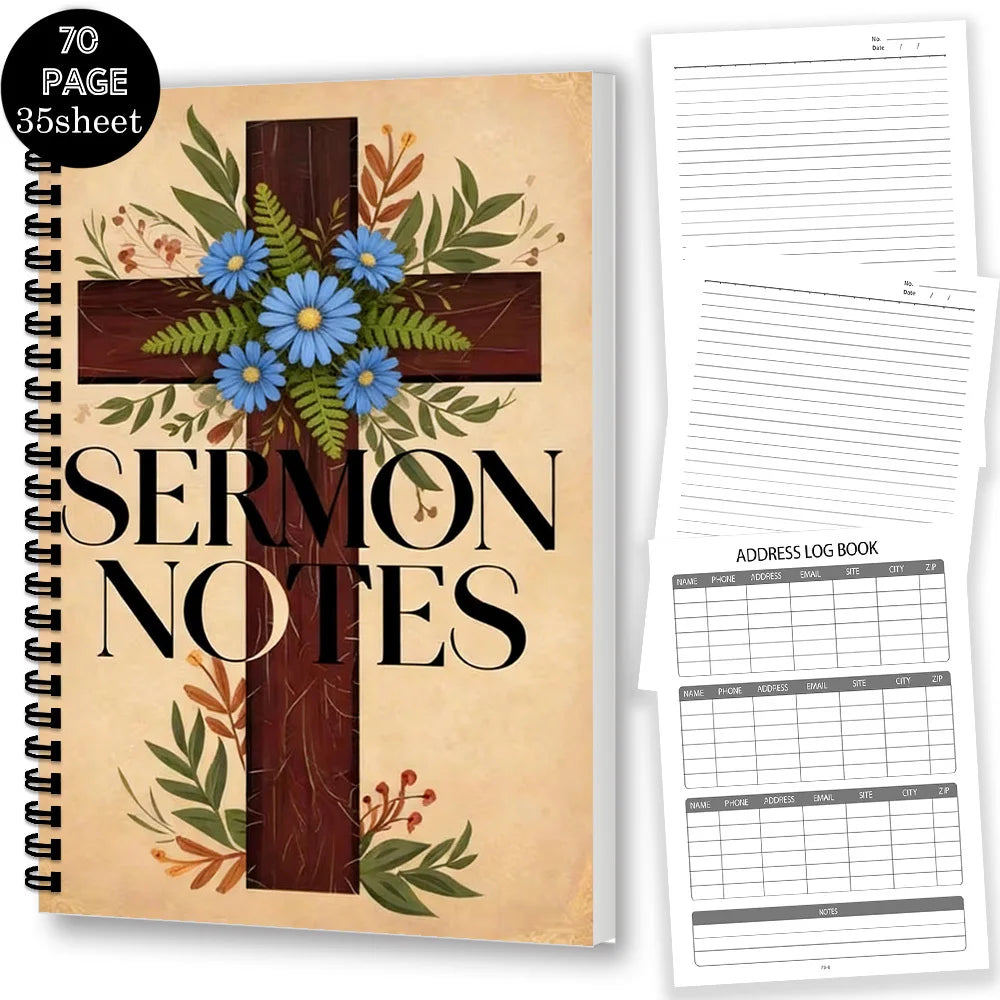 1PC Vintage Cross Floral Spiral Notebooks, Sermon Notes Journal for Church Service, Bible Study, Faith Reflection, Prayer Log, I