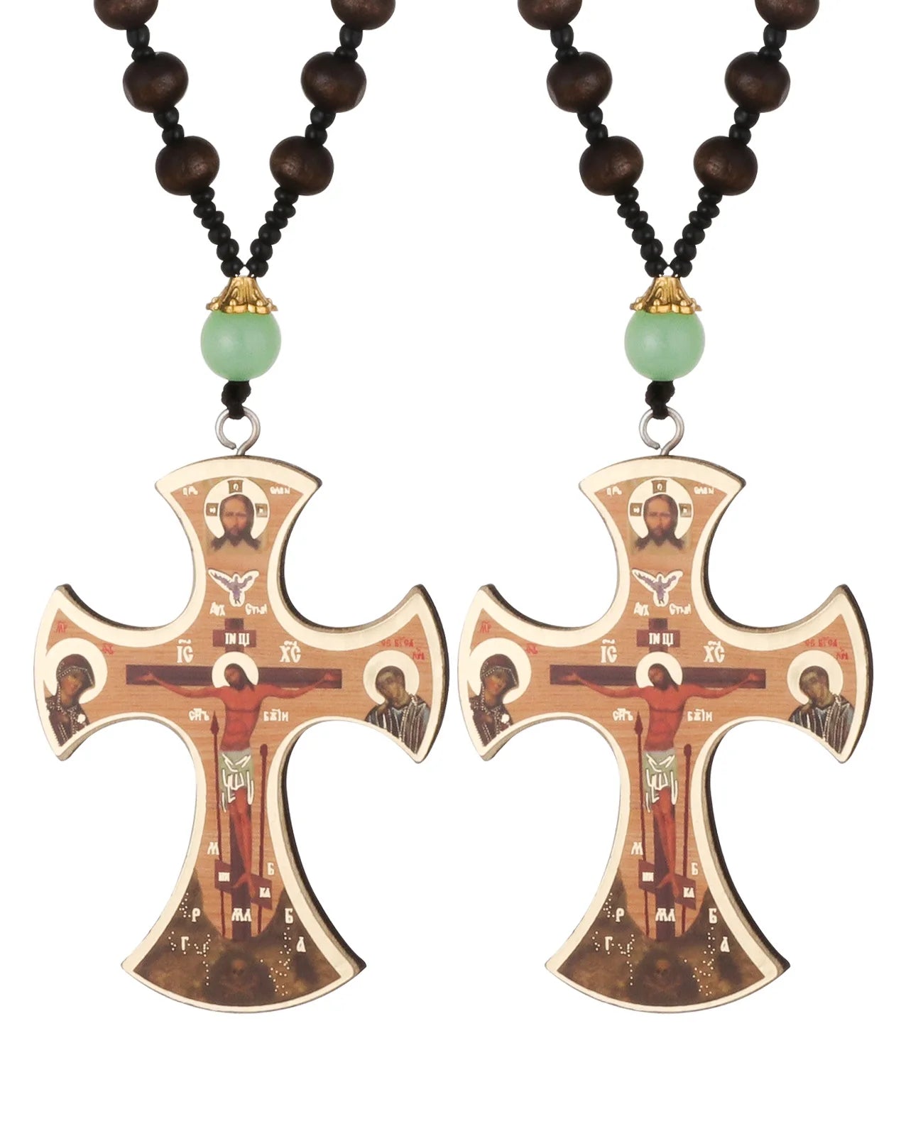 Diyalo Crucifix Jesus Christ Cross Icons Pendant Necklace Orthodox Wooden Beaded Chain Necklace Prayer Car Hanging Decor Jewelry