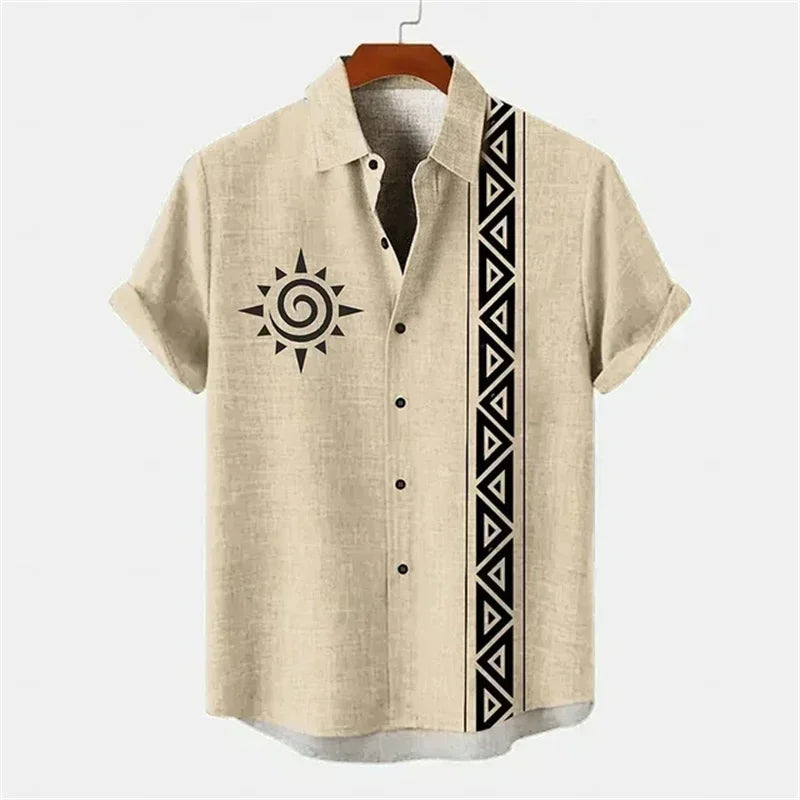 Men's shirt ethnic style 3D printing henley shirt, men's fashion button down collar short sleeve, high quality men's tops