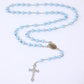 Blue Rosary Necklace For Women Men 6MM Wooden Prayer Beads Long Chain Religious Virgin Mary Cross Pendant Men Party Jewelry Gift