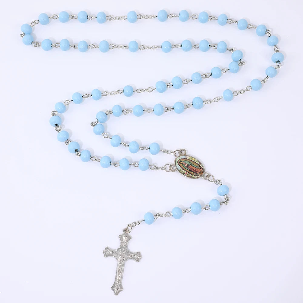Blue Rosary Necklace For Women Men 6MM Wooden Prayer Beads Long Chain Religious Virgin Mary Cross Pendant Men Party Jewelry Gift