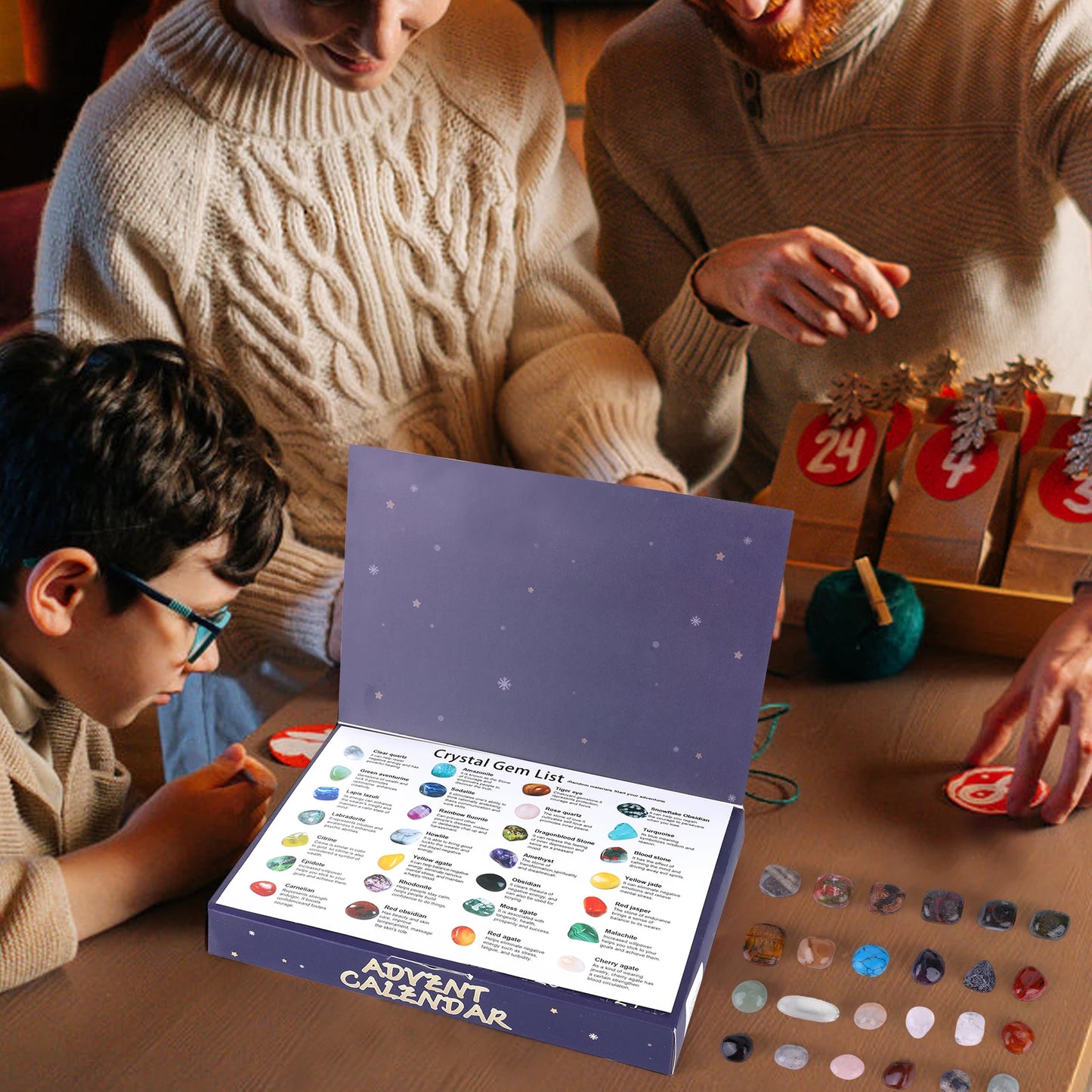 Christmas Advent Calendar Multi-Purpose 24 Grid Ore Crystal Gemstone Box Natural Healing Stone Calendar Christmas Countdown Gift