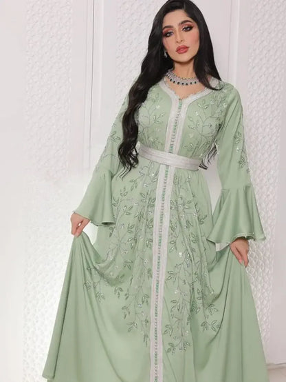 India Turkey Muslim Abaya Dresses Women Elegant Diamond Wedding Evening Party Dress Lace Belted  Abaya Morocco Caftan Robe