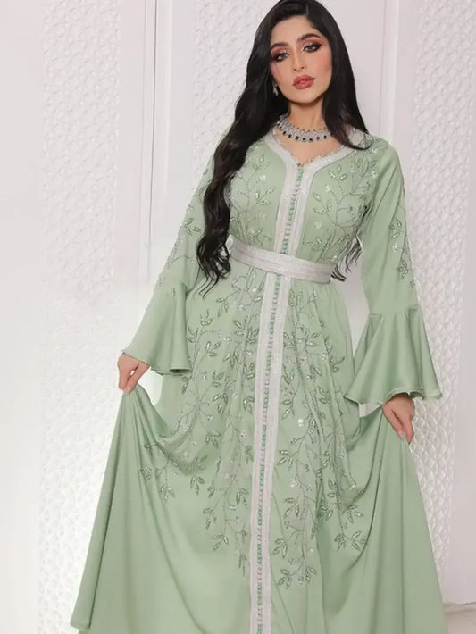 India Turkey Muslim Abaya Dresses Women Elegant Diamond Wedding Evening Party Dress Lace Belted  Abaya Morocco Caftan Robe