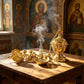 Byzantine Gold Plated Orthodox Hanging Incense Burner with Bells Enamel for Church Liturgy Home Altar Prayer Christian Decor