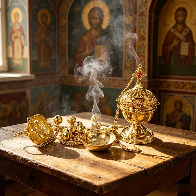 Byzantine Gold Plated Orthodox Hanging Incense Burner with Bells Enamel for Church Liturgy Home Altar Prayer Christian Decor