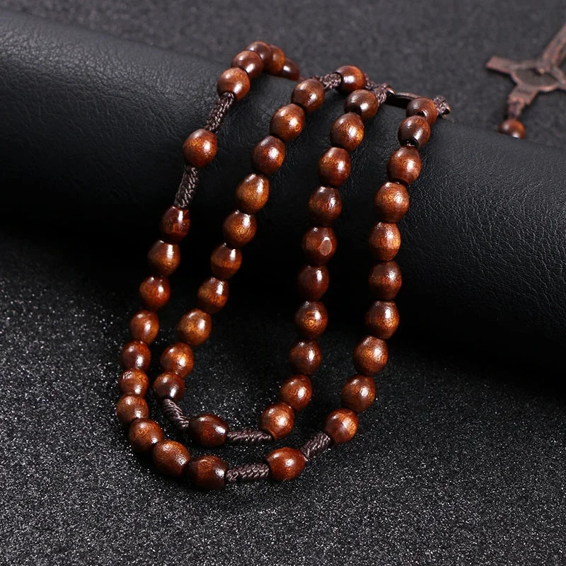 Christ Jesus Wooden Beads 8mm Rosary Bead Cross Car Pendant Woven Rope Chain Necklace Religious Orthodox Praying  Jewelry