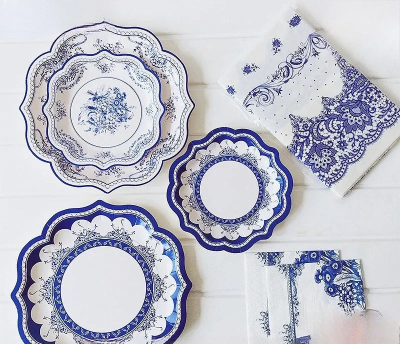 8pcs Chinese Blue White Porcelain Plate Party Decoration Plate Retro Wave Edge Plate Holiday Cake Plate Disposable Paper Plate