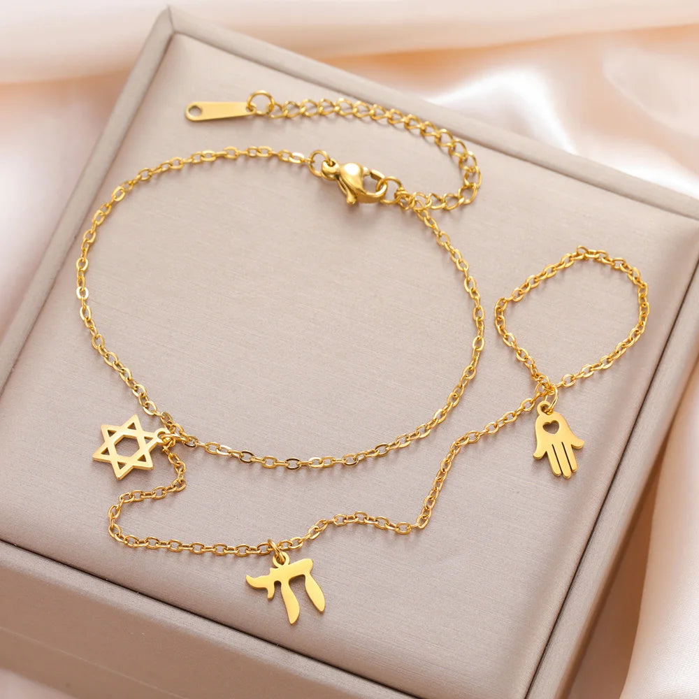 Dawapara Star of David and Chai Bracelet Hand Chain Jewish Hexagram Good Luck Judaica Jewelry Stainless Steel Jewelry