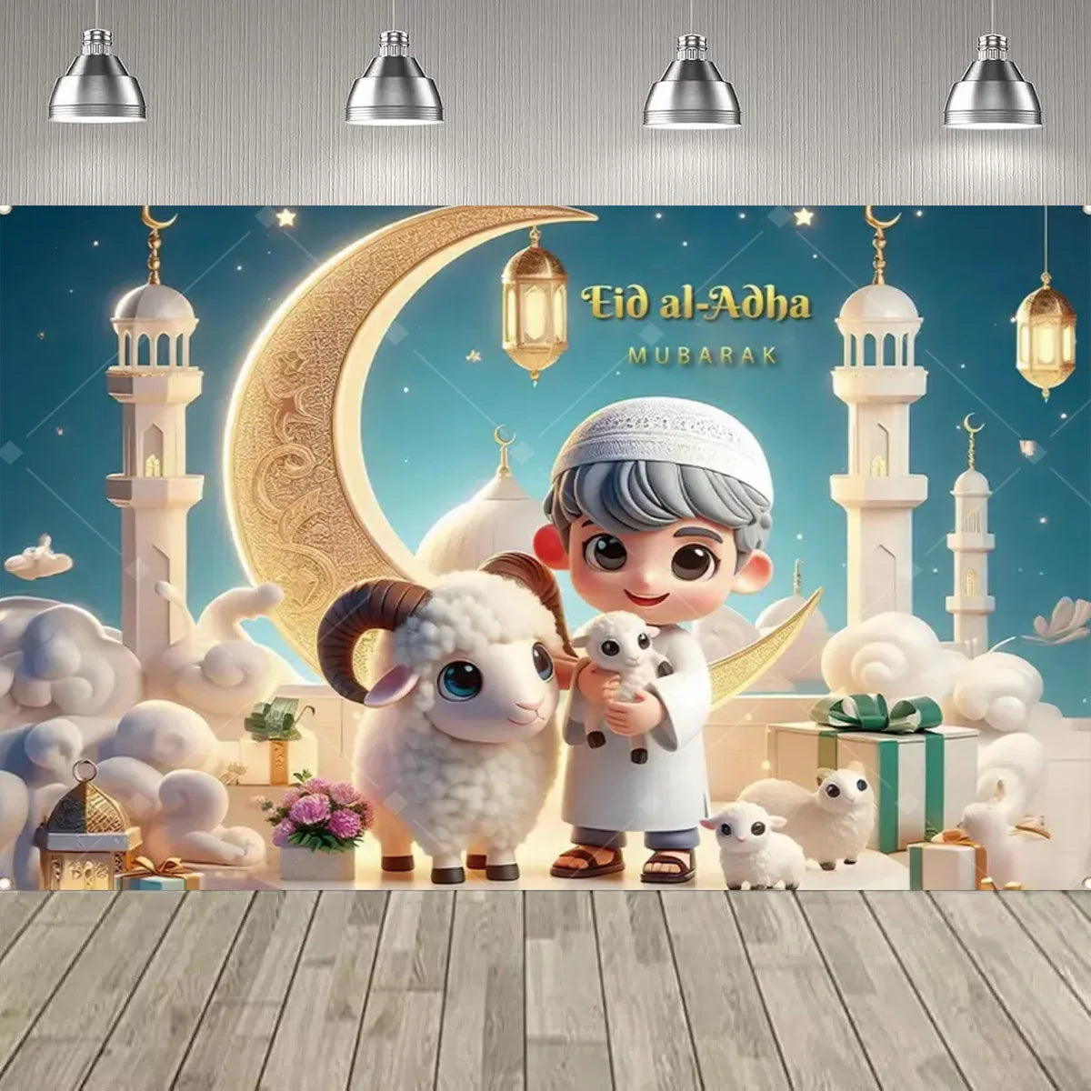 Eid al Fitr Party Supplie Decoration Backdrop Islamic Mosque Architecture Mubarak Ramadan Party Festival Celebration Banner