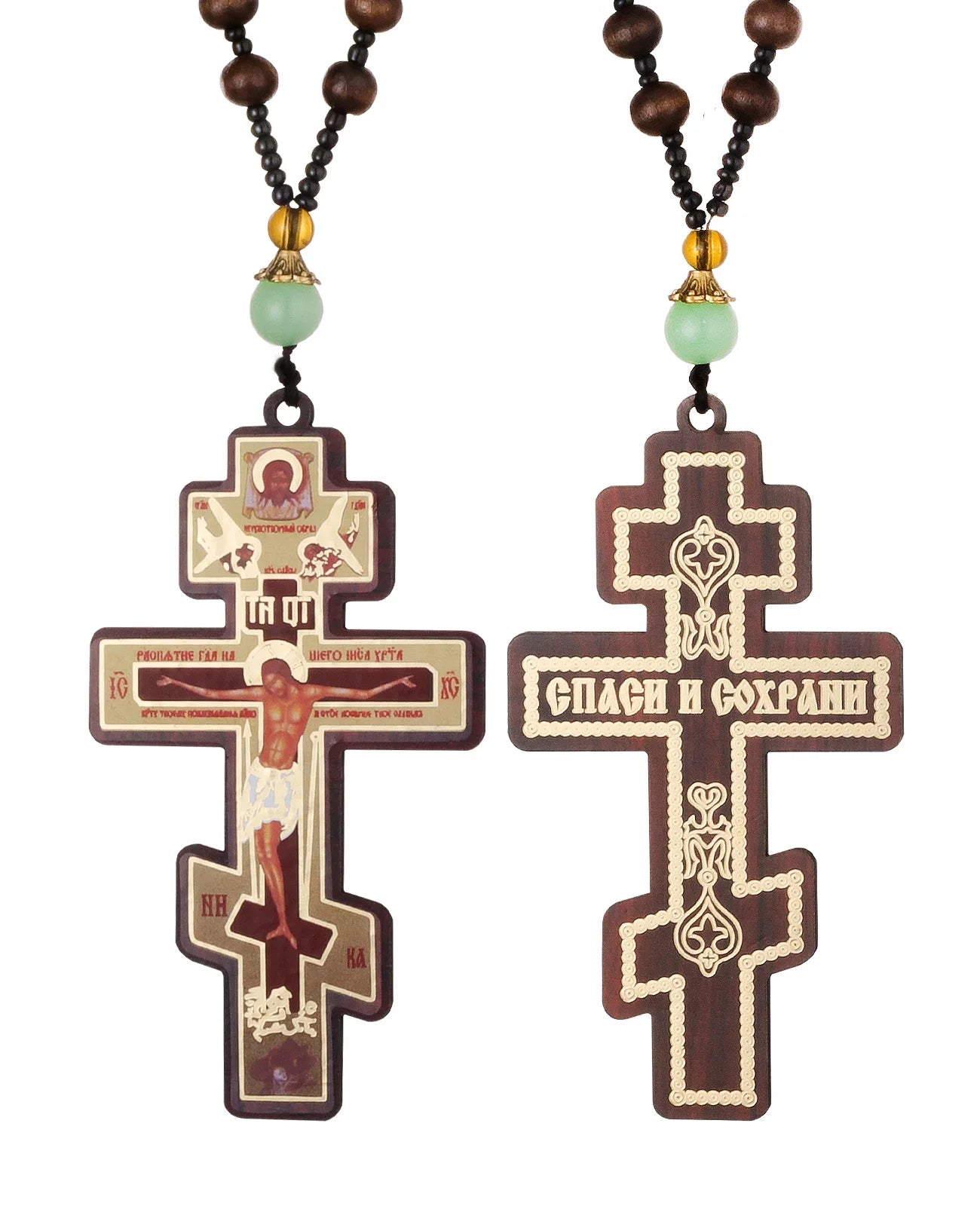 Diyalo Crucifix Jesus Christ Cross Icons Pendant Necklace Orthodox Wooden Beaded Chain Necklace Prayer Car Hanging Decor Jewelry