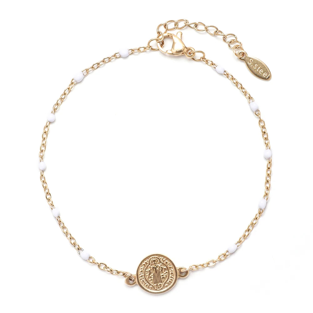 Coin Charm Stainless Steel St Benedict Medal Bracelet San Benito Bracelet Adjustable Link Chain Bohemia Bracelet
