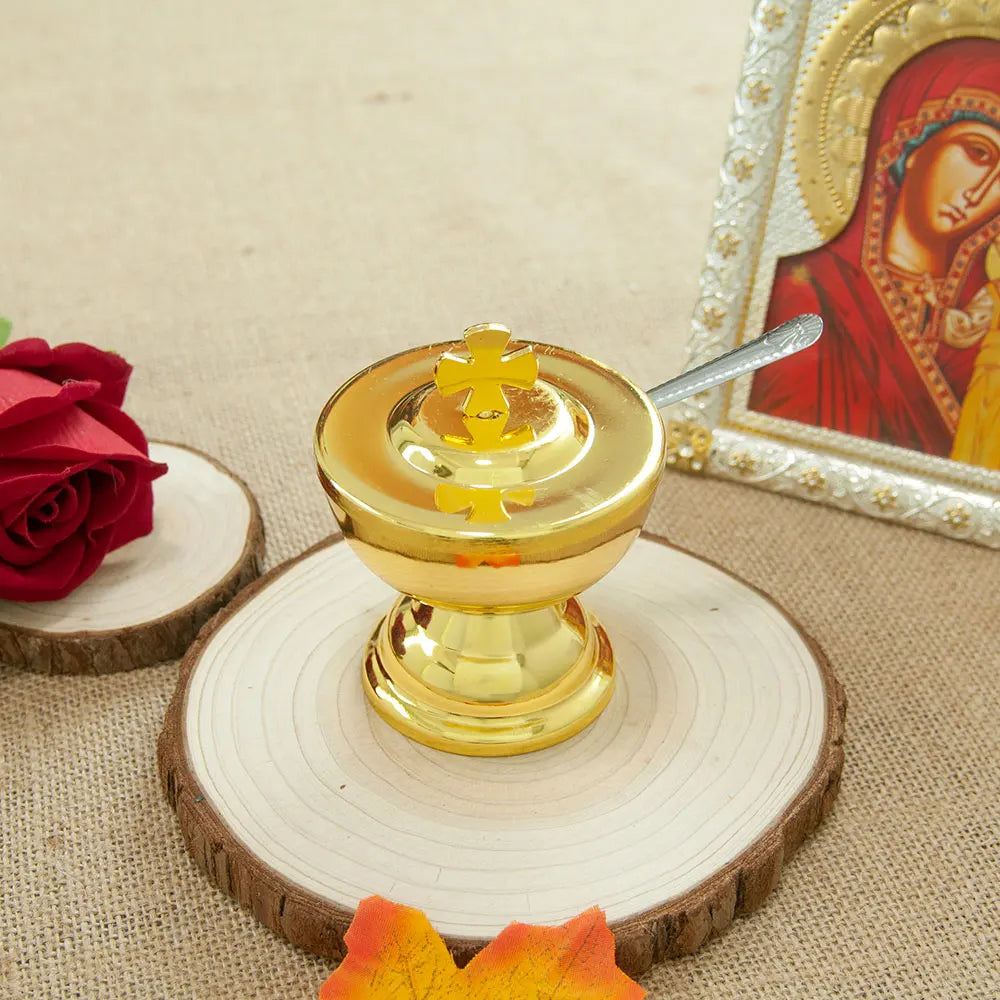Holy Grail Communion Cup with Spoon Zinc Alloy Golden Cross Design Church Mass Supplies for Eucharist Religious Ceremonies