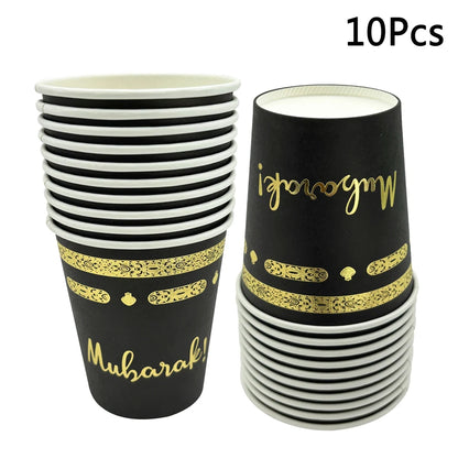 1bag Eid Al-Adha Umrah Mubarak Disposable Paper Cup Plate Ramadan Mubarak kareem Hijab Muslim Islamic Festival Party Decoration