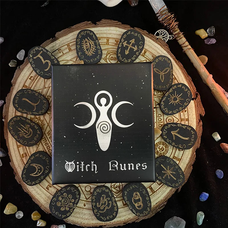 Mystic Witch Runes Set 13pcs Wooden Rune Stones with Symbols Altar Divination Tools Norse Viking Letters Healing Meditation Kit