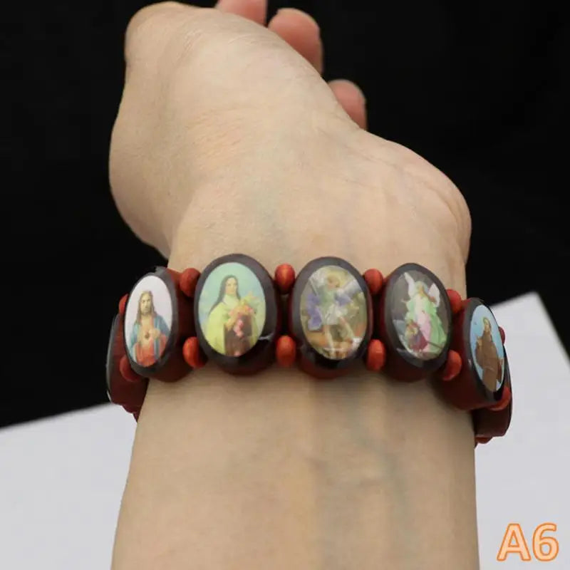 Wooden Rosary Bracelet - Elegant Religious Icon Stickers, Drip Oil Finish, Spiritual Beaded Prayer Jewelry For Devotional Wear_