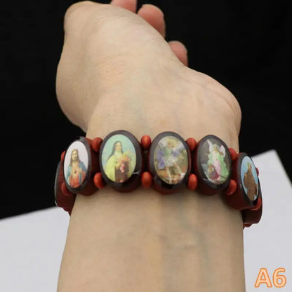 Wooden Rosary Bracelet - Elegant Religious Icon Stickers, Drip Oil Finish, Spiritual Beaded Prayer Jewelry For Devotional Wear_
