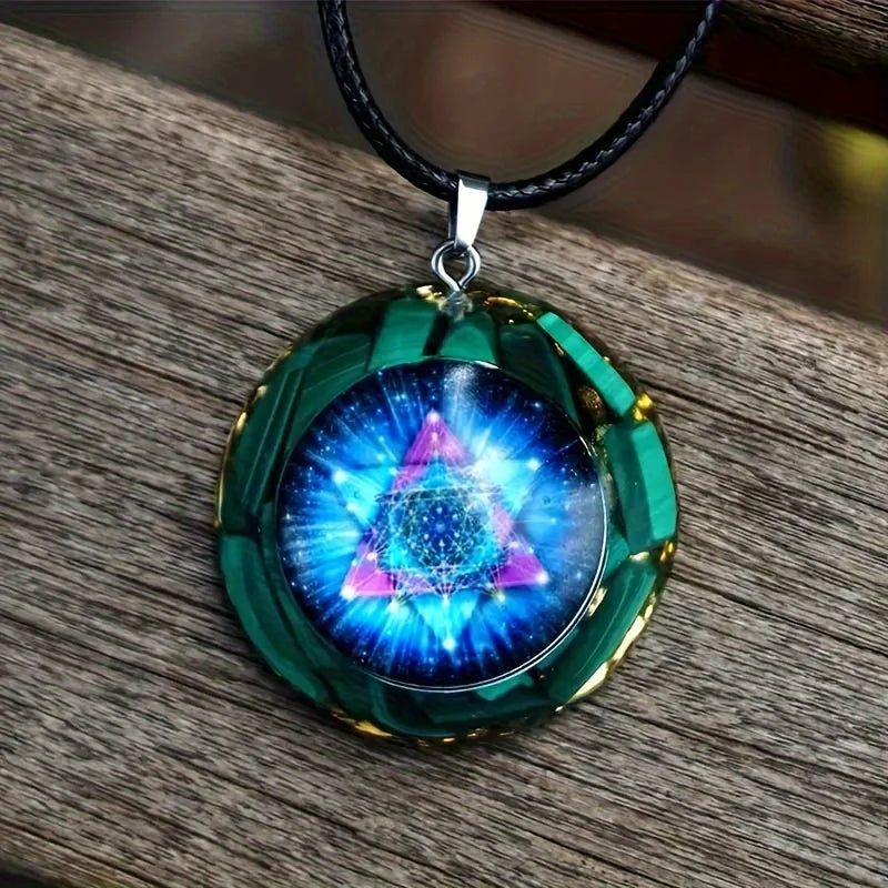 1PC Malachite Chakra Energy Orgonite Pendant Necklace, Malachite Chakra Energy Orgonite Pendant: Sri Yantra Sacred Geometry, Roc