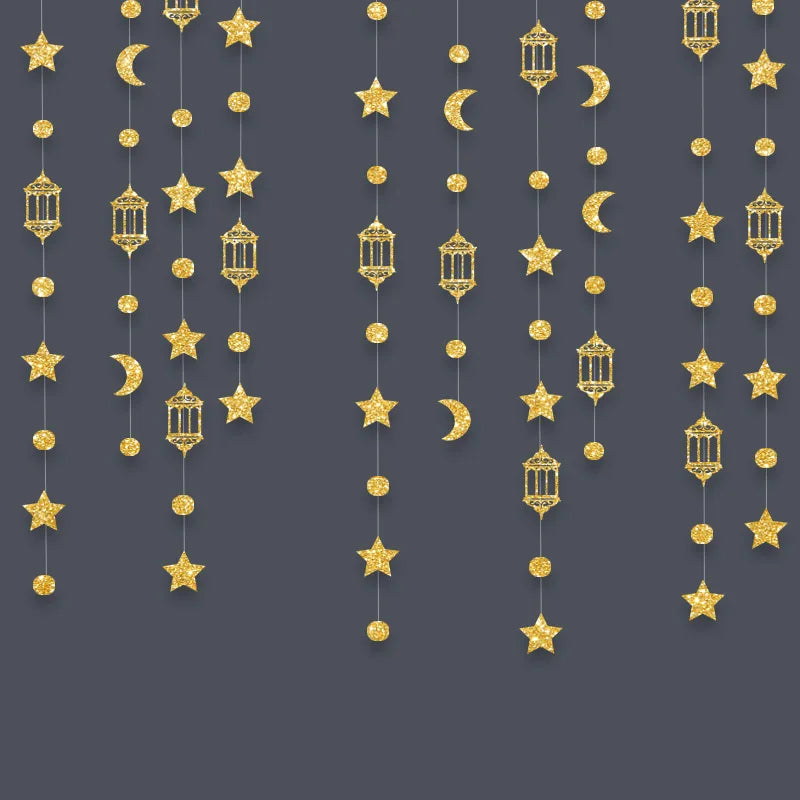 3M Gold Silver Star Moon Lantern Garland Ramadan Eid Mubarak Hanging Streamer Home Decoration Muslim Islamic Party 2025