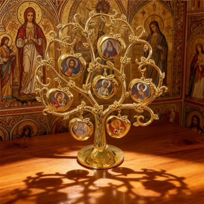 Gold Plated Orthodox Tree of Saints Icon Stand with Saint Icon Pendants for Church Home Altar Religious Devotion Christian Decor