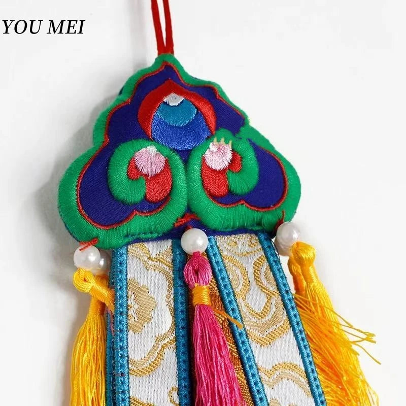 Nepal Handmade Hexagonal Tassel Flag,Colorful Tibetan Embroidery Decorative Handicrafts,Auspicious Hand Drum Flags Buddhist Item