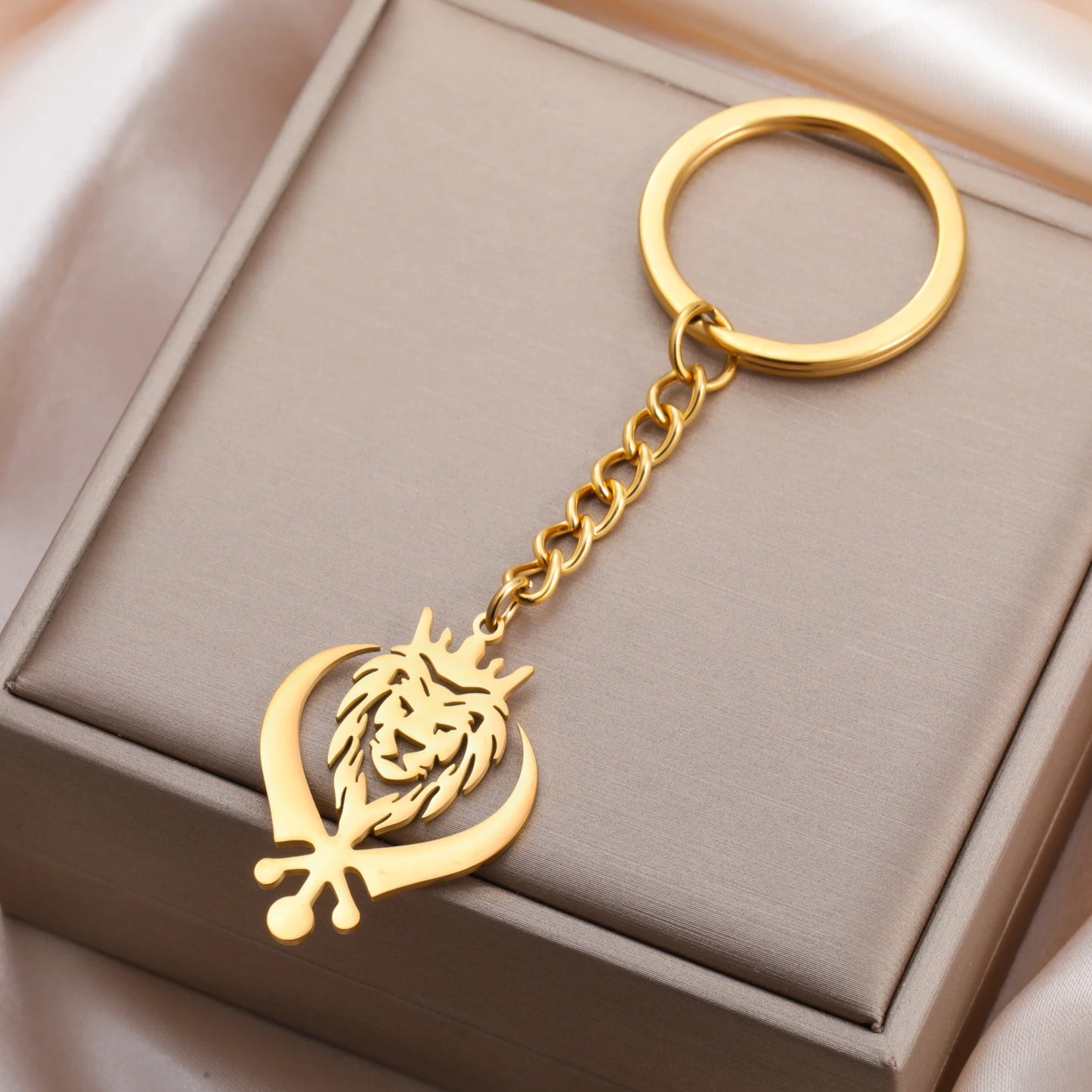 My Shape Fashion Lion King With Sikh Symbol Khanda Keychain Stainless Steel Animal Key Ring Bag Accessories Hip Hop Jewelry Gift
