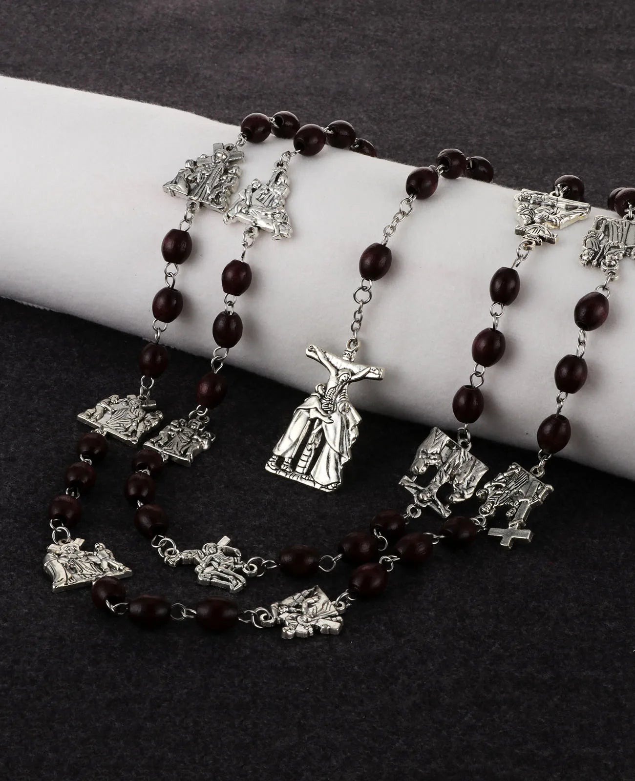14 Stations of Cross Pendant Chaplet Rosary Necklace Wooden Prayer Beads Chain Catholic Religious Sacraments Jewelry Gifts